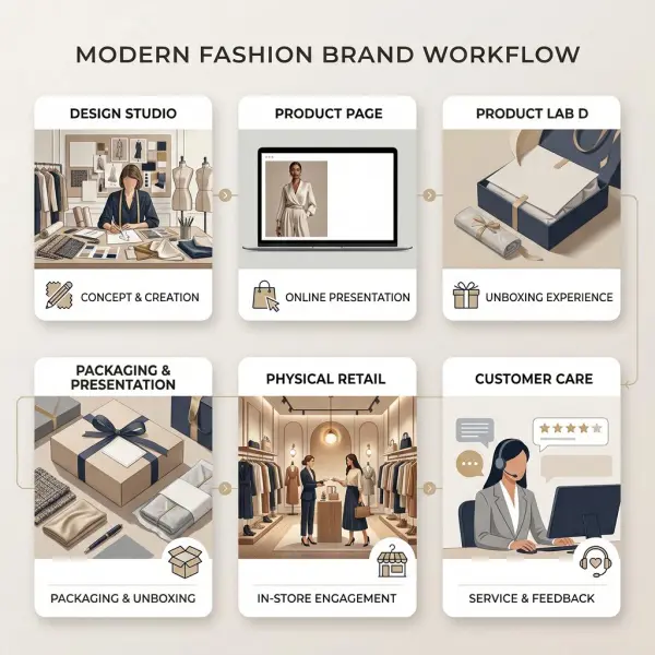 Fashion brand story communicated through studio, product page, packaging, retail, and customer service