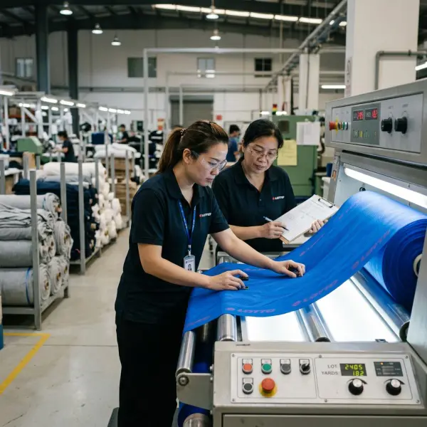 Pemeriksaan roll bahan Lotto sebelum proses cutting di konveksi