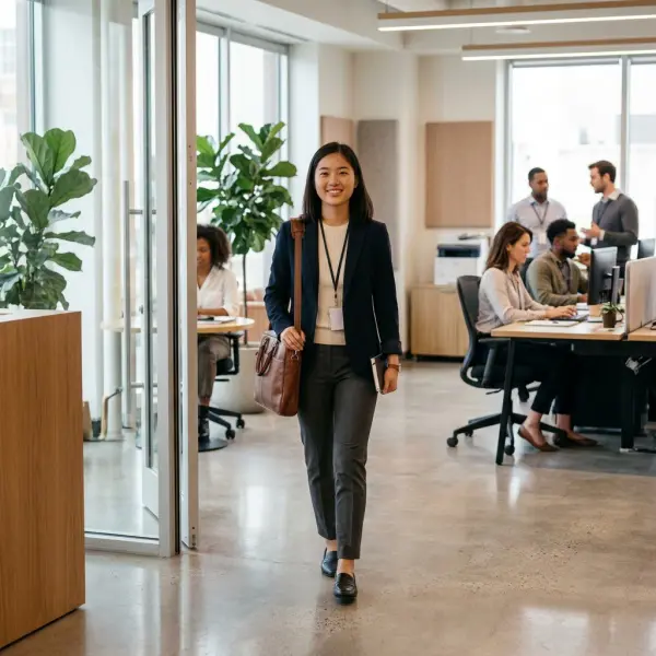 Karyawan baru memasuki kantor modern dengan penampilan profesional