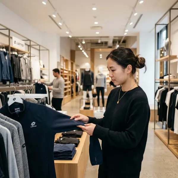 Konsumen memilih pakaian berbahan Lotto di toko apparel olahraga