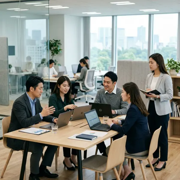 Karyawan memperhatikan gaya berpakaian profesional rekan kerja di kantor modern