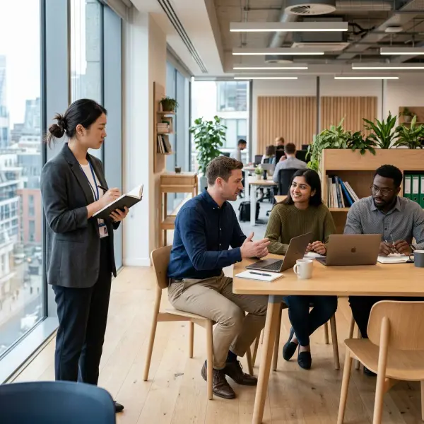 Karyawan baru mengamati cara berpakaian rekan kerja di lingkungan kantor modern