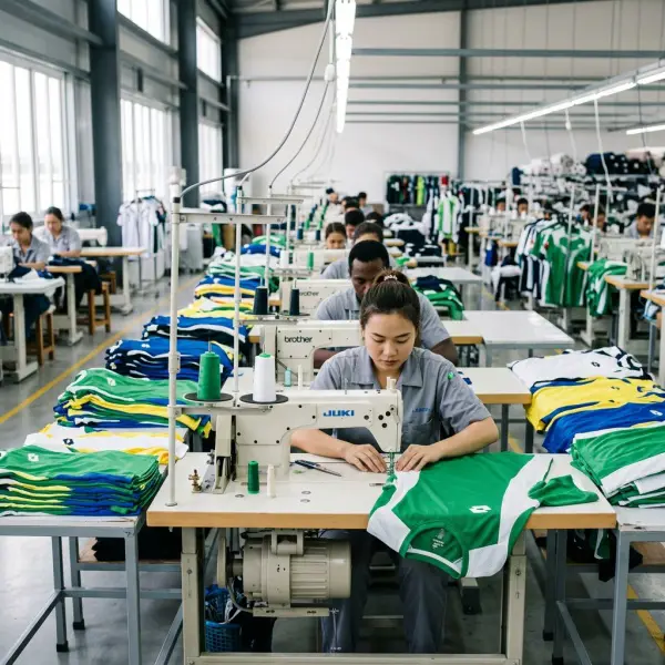 Proses produksi jersey olahraga menggunakan bahan Lotto di pabrik konveksi