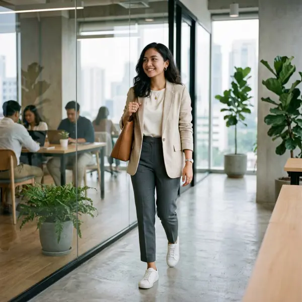 Profesional muda mengenakan outfit smart casual yang stylish di lingkungan kantor modern Profesional muda mengenakan outfit smart casual yang stylish di lingkungan kantor modern