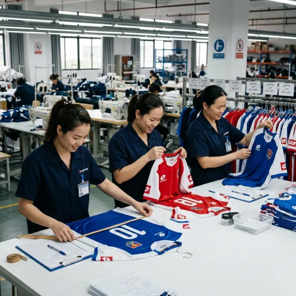 Tim quality control memeriksa jersey berbahan Lotto sebelum dikemas