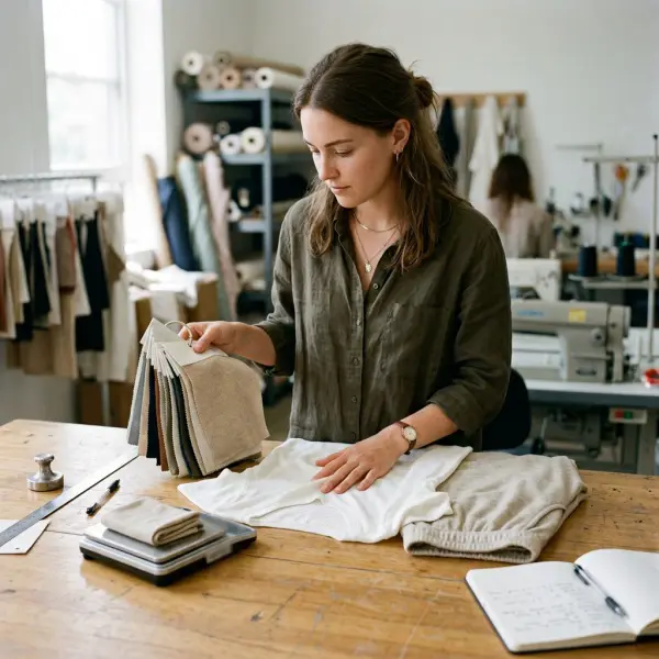 Fashion product developer evaluating bamboo fabric swatches and garment prototypes