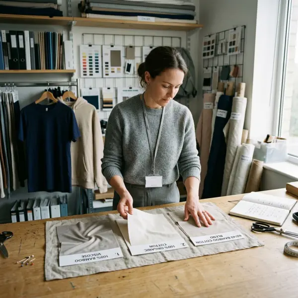 Textile developer comparing bamboo viscose, cotton, and blended fabric swatches Textile developer comparing bamboo viscose, cotton, and blended fabric swatches