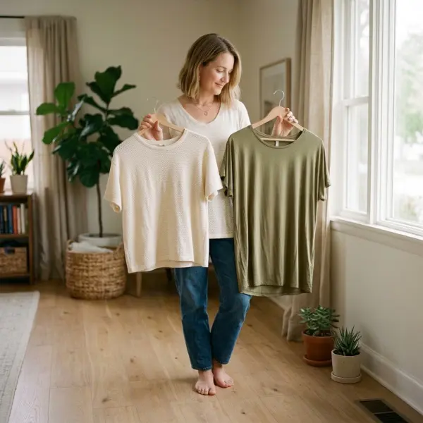 Woman comparing lightweight bamboo viscose and cotton tops in warm weather Woman comparing lightweight bamboo viscose and cotton tops in warm weather