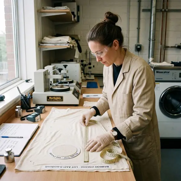 Textile technician testing bamboo viscose fabric for shrinkage and pilling