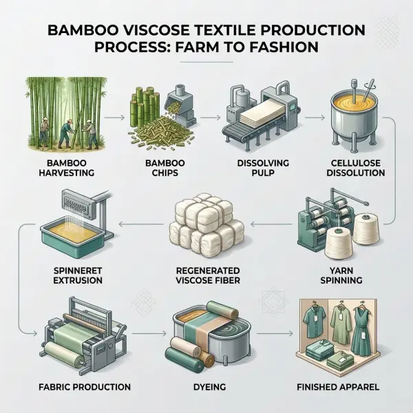 Workflow showing how bamboo is processed into viscose fabric