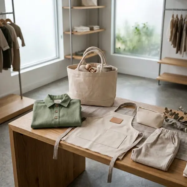 Berbagai produk berbahan baby canvas seperti jaket, apron, tote bag, dan pouch