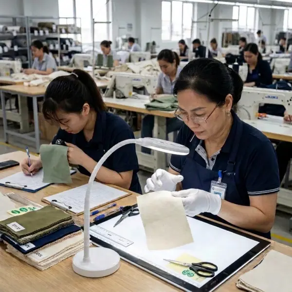 Tim quality control memeriksa kualitas bahan baby canvas menggunakan sampel kain