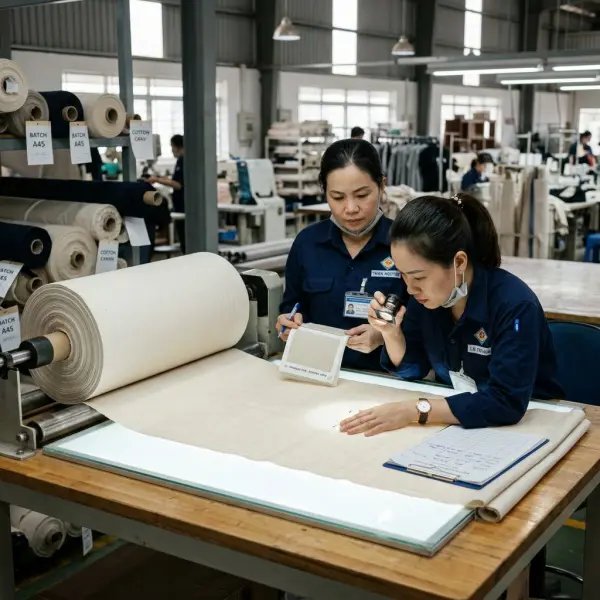 Tim quality control memeriksa kualitas bahan baby canvas sebelum produksi Tim quality control memeriksa kualitas bahan baby canvas sebelum produksi
