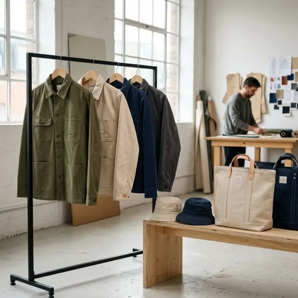 Koleksi pakaian dan aksesori berbahan baby canvas di studio fashion modern