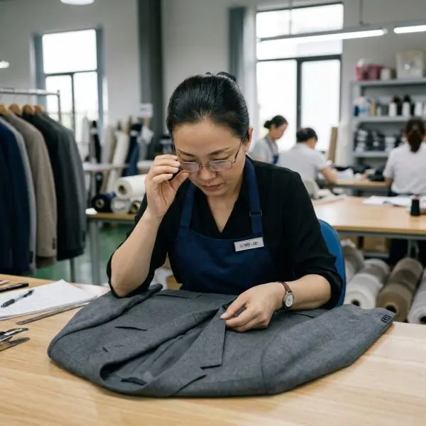 Pemeriksaan detail jahitan pakaian untuk menilai kualitas konstruksi produk Pemeriksaan detail jahitan pakaian untuk menilai kualitas konstruksi produk