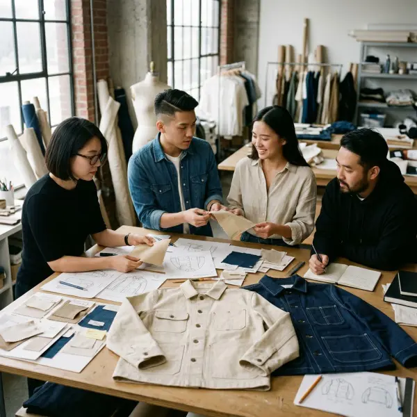 Tim fashion sedang merancang koleksi menggunakan bahan baby canvas di studio desain