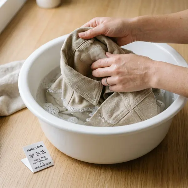 Proses mencuci dan merawat pakaian berbahan baby canvas sesuai petunjuk perawatan Proses mencuci dan merawat pakaian berbahan baby canvas sesuai petunjuk perawatan