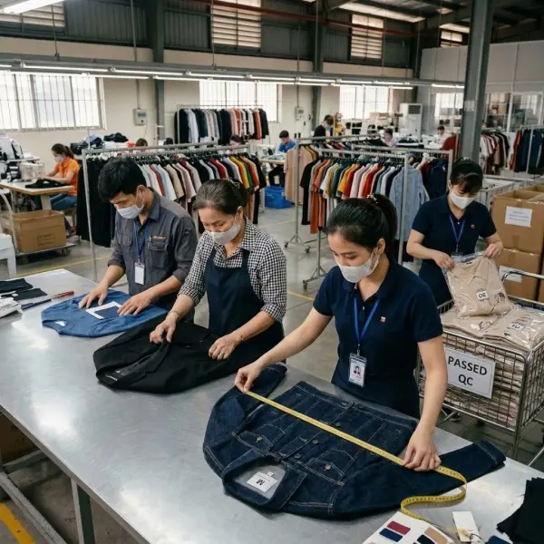 Tim quality control memeriksa produk fashion sebelum dikirim ke pelanggan Tim quality control memeriksa produk fashion sebelum dikirim ke pelanggan