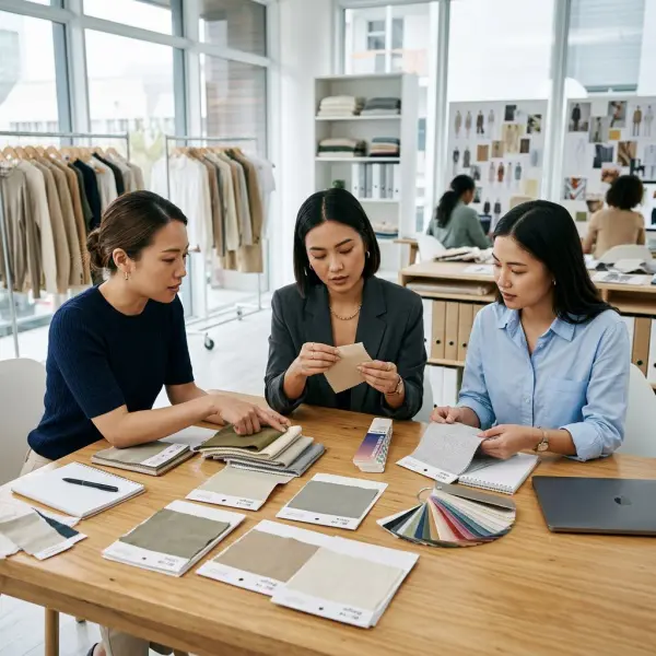 Tim sourcing mengevaluasi beberapa sampel baby canvas sebelum produksi