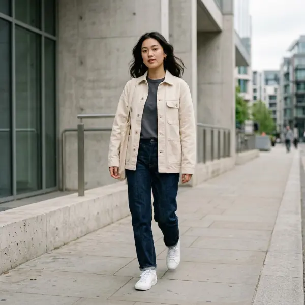Model mengenakan jaket baby canvas bergaya kasual modern Model mengenakan jaket baby canvas bergaya kasual modern