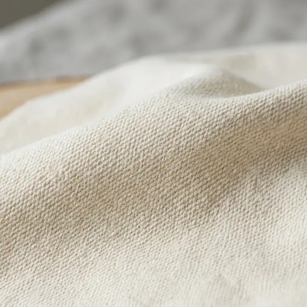 Close-up tekstur bahan baby canvas berwarna natural dengan anyaman rapat dan permukaan halus Close-up tekstur bahan baby canvas berwarna natural dengan anyaman rapat dan permukaan halus