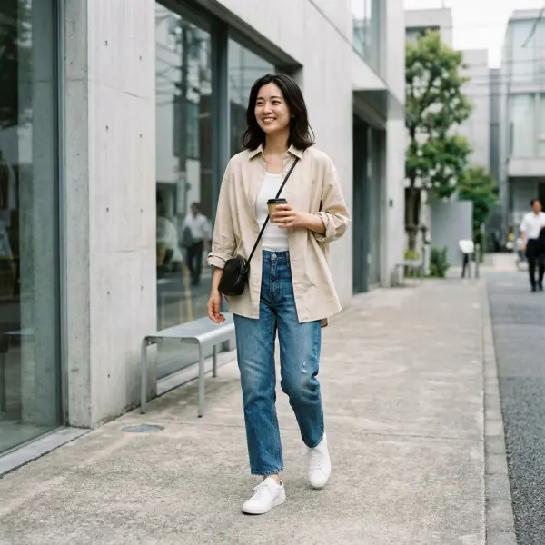 Outfit kasual berbahan katun poplin dengan gaya minimalis modern