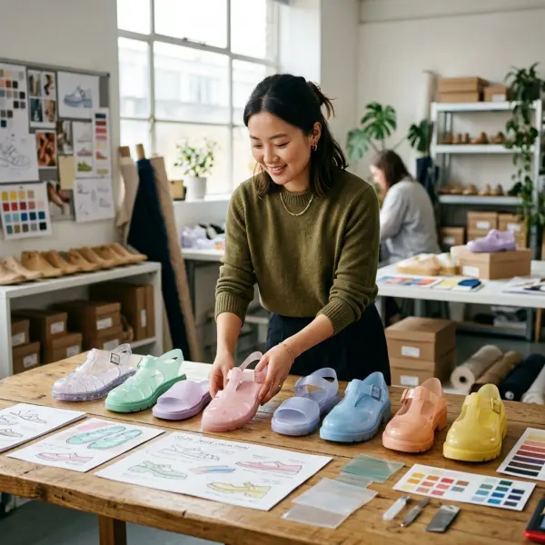 Desainer sepatu mengembangkan model jelly shoes modern dengan berbagai pilihan warna transparan