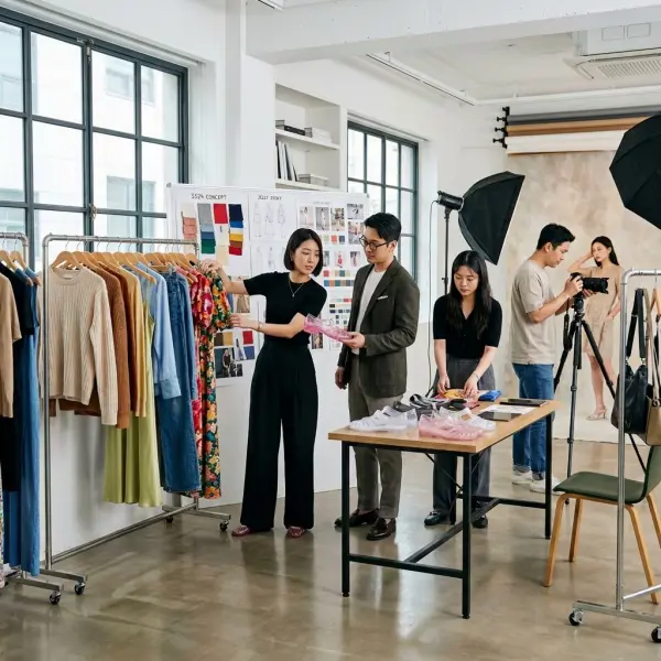 Tim kreatif fashion mempersiapkan sesi pemotretan lookbook jelly shoes