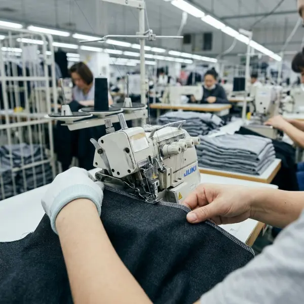 Garment operator producing an overlocked seam finish in an apparel factory