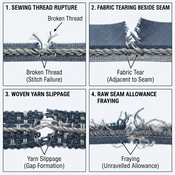 Diagram of thread breakage, fabric rupture, seam slippage, and edge fraying
