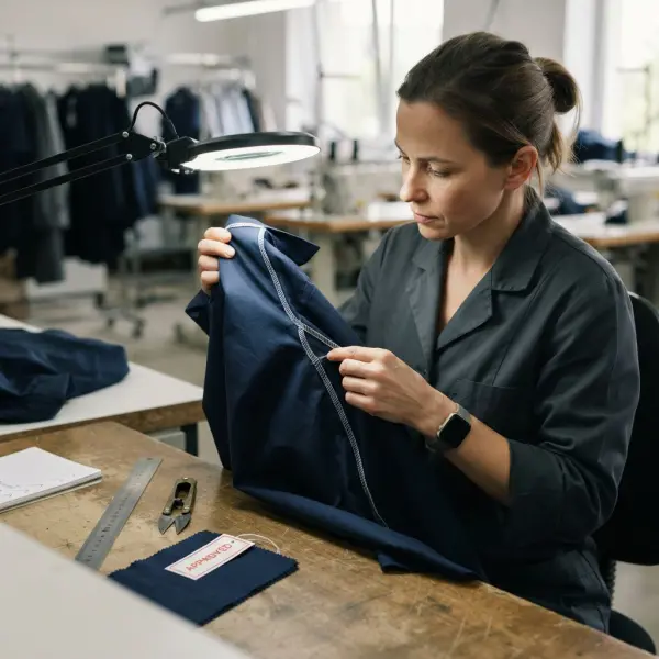 Quality controller inspecting seam finishing, tension, and puckering on a garment