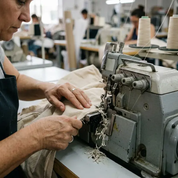 Industrial overlock machine finishing a garment seam allowance