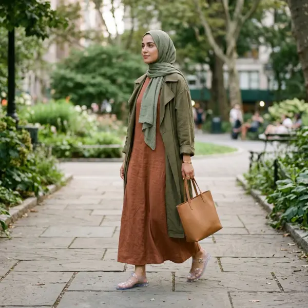 Perempuan berhijab mengenakan jelly shoes transparan dengan outfit bernuansa earth tone