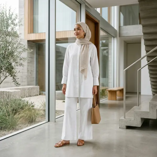 Model mengenakan tunik katun poplin bergaya minimalis modern