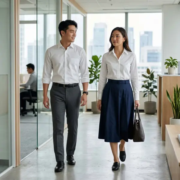 Pria dan wanita mengenakan outfit kantor berbahan katun poplin dengan gaya profesional