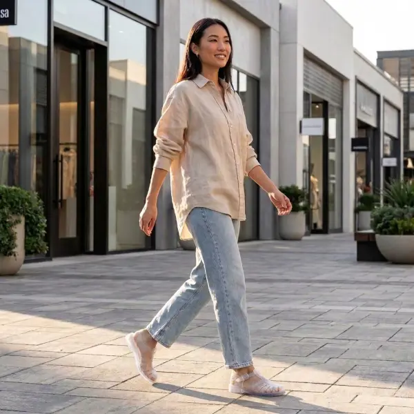 Gaya kasual menggunakan jelly shoes transparan dengan celana jeans dan kemeja linen