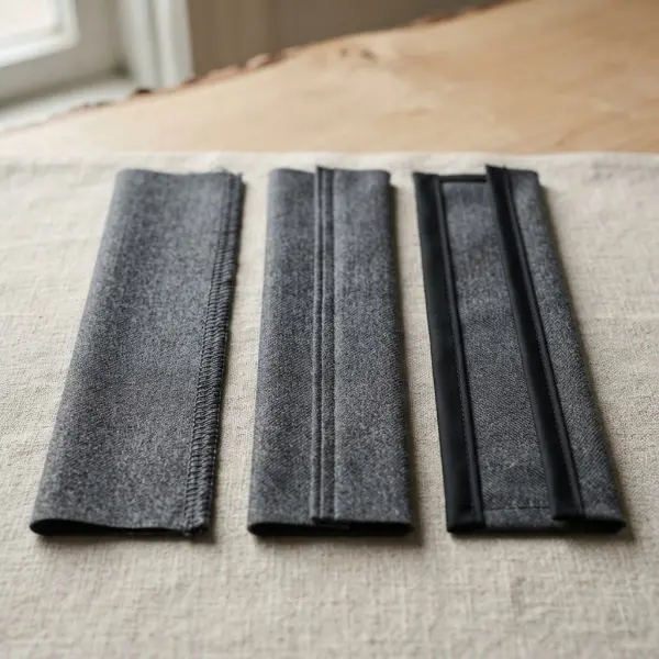 Close-up comparison of overlock, French seam, and bias-bound seam finishes