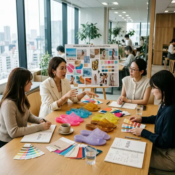 Tim fashion brand mendiskusikan strategi pengembangan koleksi jelly shoes