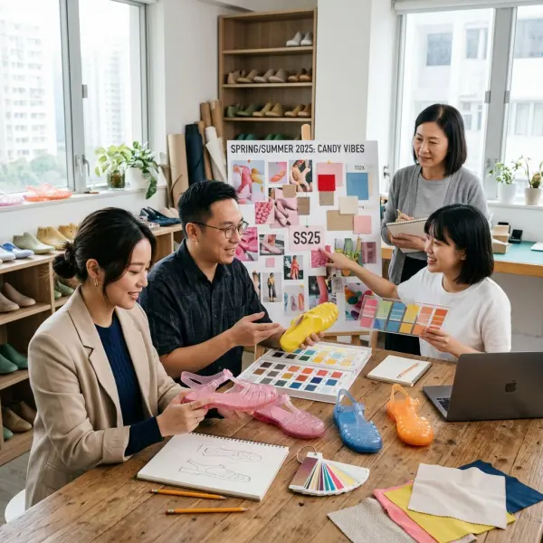 Tim pengembangan produk fashion mendiskusikan koleksi jelly shoes baru di studio desain