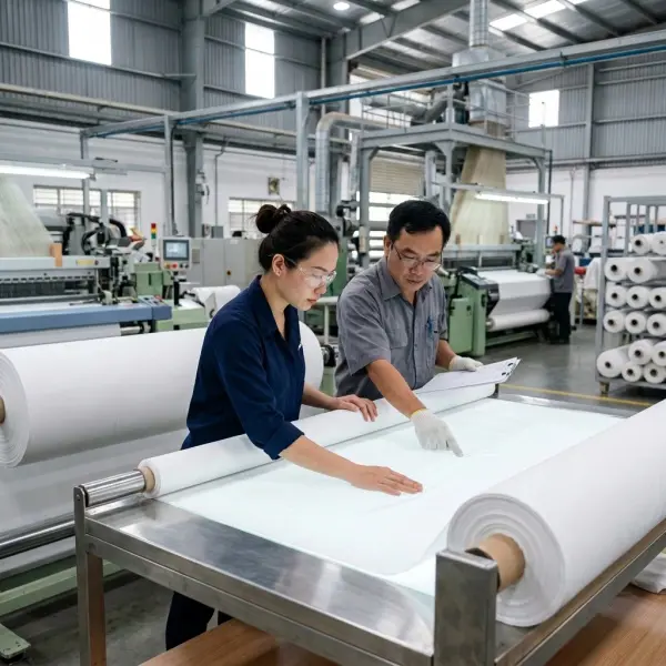 Pemeriksaan kualitas kain katun poplin setelah proses finishing tekstil