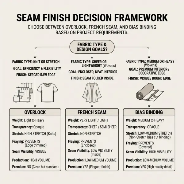 Decision framework for selecting overlock, French seam, or bias binding