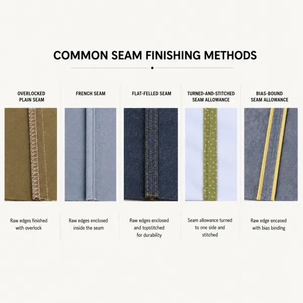Diagram comparing overlock, French, flat-felled, turned, and bound seam finishes