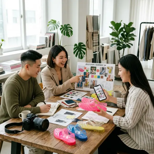 Tim kreatif membuat konten media sosial untuk koleksi jelly shoes modern