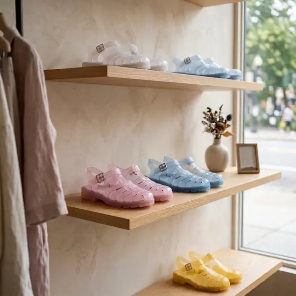 Koleksi jelly shoes modern dipajang di butik fashion dengan desain transparan berwarna pastel