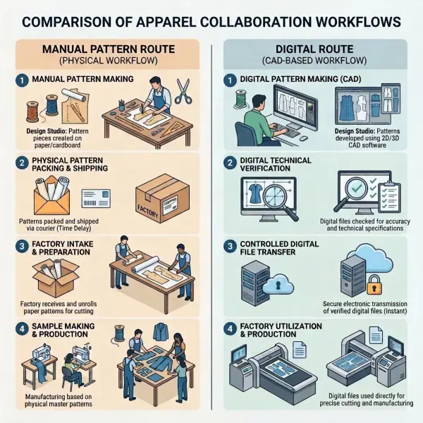 Comparison of manual and digital pattern sharing between fashion teams and garment factories