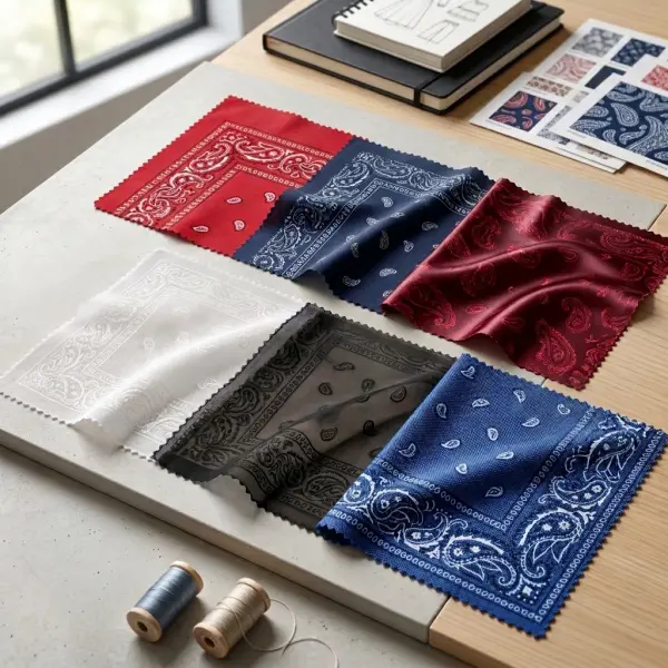 Beragam bahan slayer kain seperti katun, rayon, satin, voile, dan polyester dalam bentuk swatch