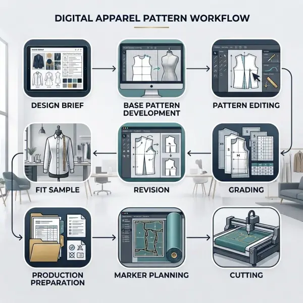 Workflow showing digital garment pattern data moving through apparel development and production Workflow showing digital garment pattern data moving through apparel development and production