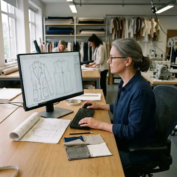 Apparel patternmaker developing digital garment patterns in a professional fashion studio Apparel patternmaker developing digital garment patterns in a professional fashion studio