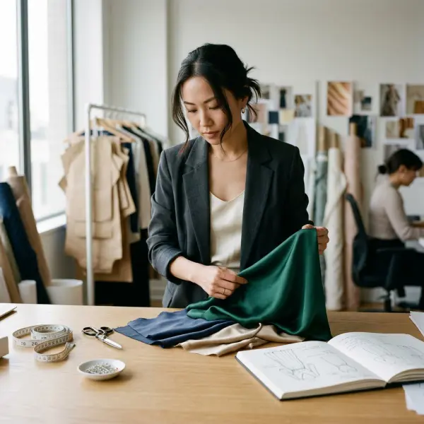 Fashion designer membandingkan sampel kain cupro untuk pengembangan koleksi premium