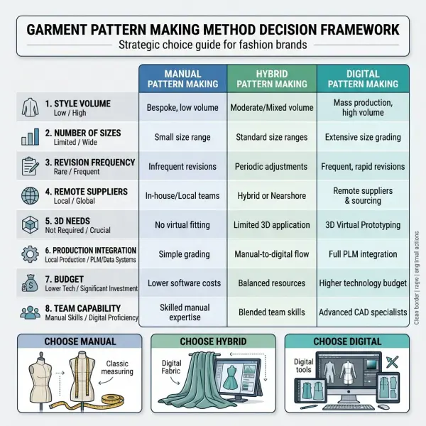 Decision framework for choosing manual, digital, or hybrid garment pattern making